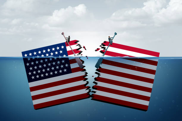 Divided United States Divided United States and partisan politics as Republicans and Democrats split and widen the political gap with 3D illustration elements. ideology stock pictures, royalty-free photos & images