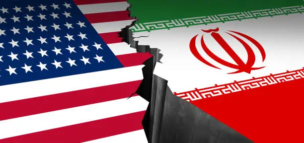 Iran US showdown and middle east clash as a USA or United States crisis in the Persian gulf concept as an American and Iranian security problem due to economic sanctions and nuclear deal as a 3D illustration.