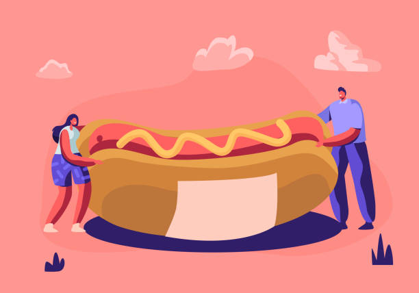 istock Tiny People Holding Huge Hot Dog with Yellow Mustard. Cute Miniature Scene of Cafe Workers or Visitors with Fast Food. Menu Design Elements, Fastfood Festival Event. Cartoon Flat Vector Illustration 1159331131