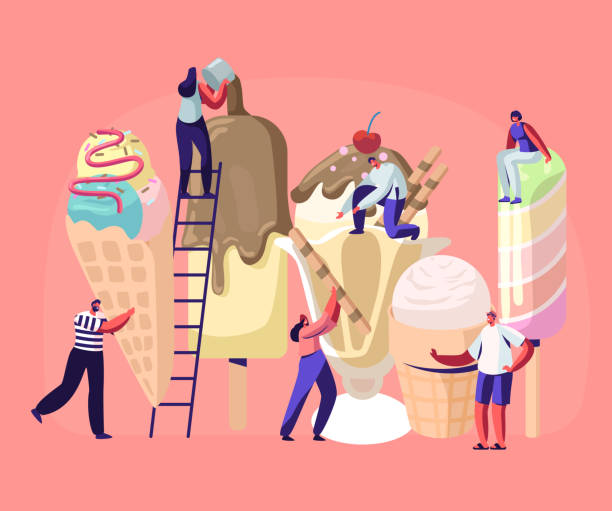 istock Tiny Characters on Ladders Decorate Ice Cream. Summer Time Food, Delicious Sweet Dessert, Cold Meal. Different Types of Icecream Popsicle, Waffle Cone, Creme Brulee. Cartoon Flat Vector Illustration 1159331138