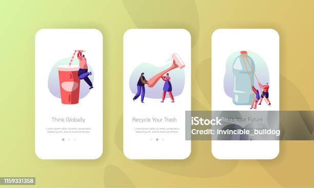 Less Packaging Cartoon People Characters Use Plastic Packaging Mobile App Page Onboard Screen ...