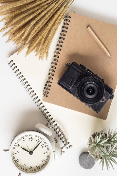 Postcards, vintage old camera and bouquet of pink carnations on a brown wooden background