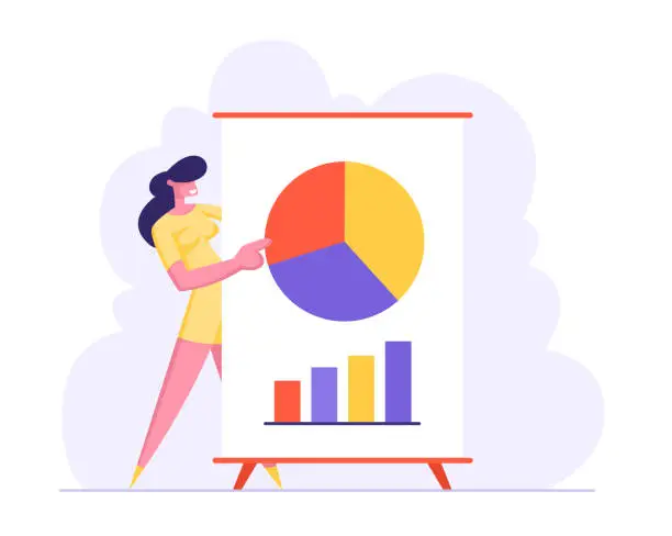 Vector illustration of Business Meeting, Project Presentation, Female Character Business Coach Pointing on Financial Pie Chart on Flip Board, Data Analysis Statistics, Corporate Education, Cartoon Flat Vector Illustration