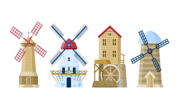 Flat mills vector collection on white background Farm mill set. Vector agriculture buildings. Flat architecture collection. watermill stock illustrations
