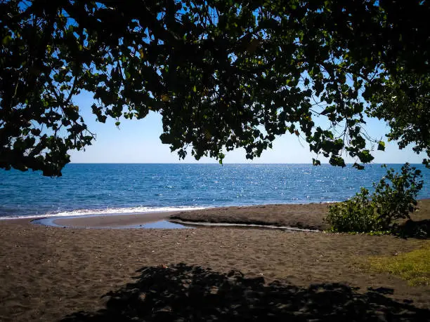 Natural Tropical Beach View Under The Shade Tree On A Sunny Day In The Dry Season At The Village, Seririt, North Bali, Indonesia