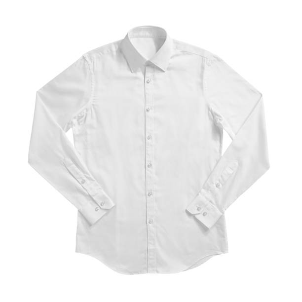 camicia formale di colore bianco con colletto a bottone isolato su bianco - camicia foto e immagini stock