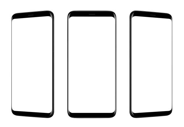 istock Front and perspective view of black smartphone with blank screen and modern frame less design isolated on white 1159334484