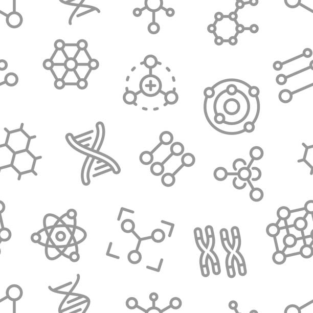 ilustrações de stock, clip art, desenhos animados e ícones de atoms, molecules, dna, chromosomes outline vector seamless pattern - medical research backgrounds laboratory chemistry class