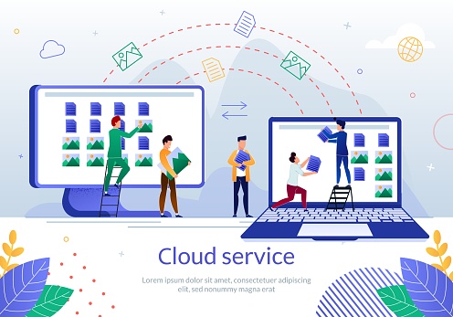 Date Synchronization and Backup with Online Cloud Service Flat Vector Banner Template with Company Employee, Office Workers Sharing Work Files, Documents and Photos with Colleagues Illustration