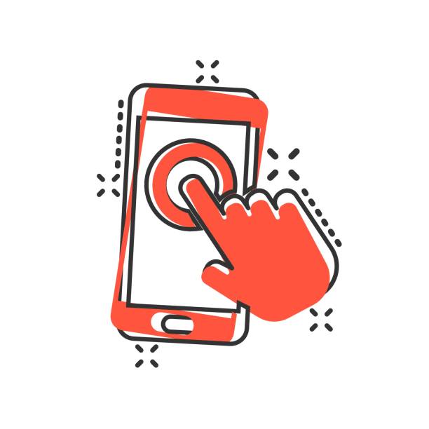istock Hand touch smartphone icon in comic style. Phone finger vector cartoon illustration on white isolated background. Cursor touchscreen business concept splash effect. 1159336803
