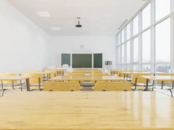 Photo of Wood empty surface and school classroom as background