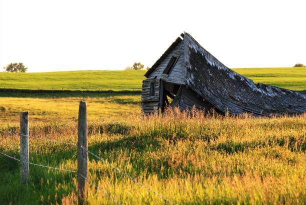 time gone by-deteriorando farm building-uma paisagem rural prairie scene- - alberta prairie farm fence - fotografias e filmes do acervo