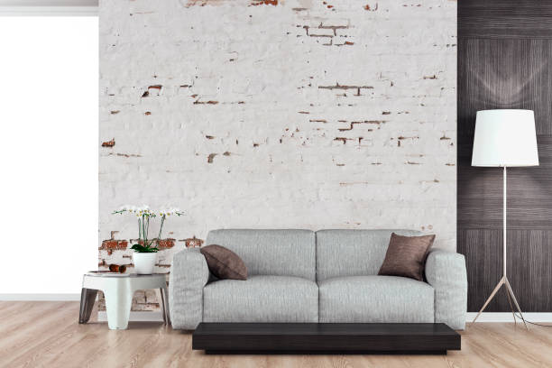 istock Empty living room with sofa - ruined wall 1159338248