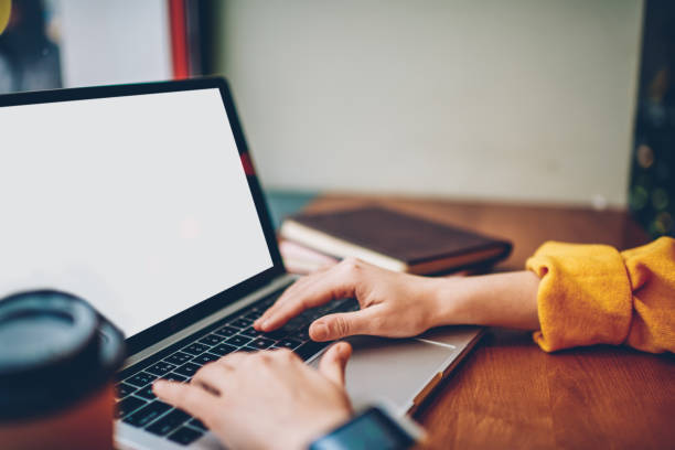istock Cropped image of female hands typing text on internet web page for updating application on laptop device with mock up area for advertising, woman creating publication in social network via netbook 1159341022