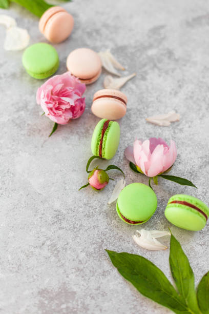 istock Macaroon cake and flowers on a gray background 1159342568