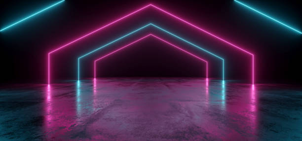 Virtual Neon Laser Glowing Purple Blue Vibrant Show Night Dark Empty Grunge Concrete Shaped Lights Bright Reflection Glossy Alien Spaceship Underground Garage Tunnel 3D Rendering