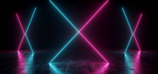 istock Virtual Neon Laser Glowing Purple Blue Vibrant Show Night Dark Empty Grunge Concrete Shaped Lights Bright Reflection Glossy Alien Spaceship Underground Garage Tunnel 3D Rendering 1159343164