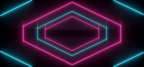 istock Virtual Neon Laser Glowing Purple Blue Vibrant Show Night Dark Empty Grunge Concrete Shaped Lights Bright Reflection Glossy Alien Spaceship Underground Garage Tunnel 3D Rendering 1159343273