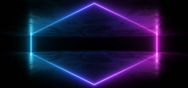 istock Virtual Neon Laser Glowing Purple Blue Vibrant Show Night Dark Empty Grunge Concrete Shaped Lights Bright Reflection Glossy Alien Spaceship Underground Garage Tunnel 3D Rendering 1159343362