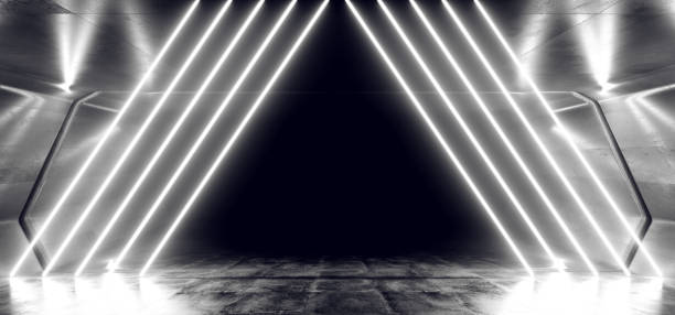 Neon Lights Futuristic Sci Fi White Dark Background Graphic Corridor Tunnel Spaceship Alien Garage Underground Shaped Lasers Glowing Grunge Concrete 3D Rendering