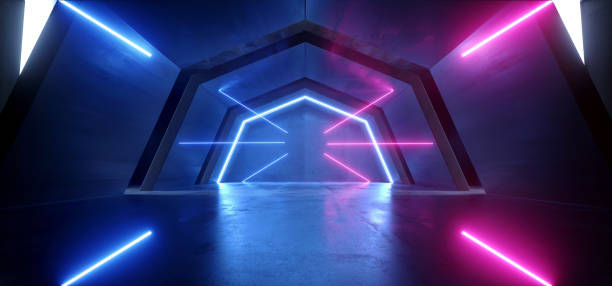 istock Futuristic Sci Fi Arch Purple Blue Laser Neon Lights Glowing Dark Grunge Reflective Concrete Tunnel Corridor Hallway Alien Spaceship Virtual Reality Empty Background 3D Rendering 1159344414