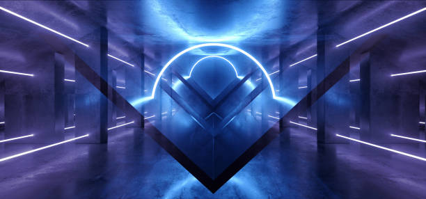 istock Futuristic Triangle Sci Fi Dark Night Neon Glowing Laser Purple Blue Triangle Shaped Corridor Tunnel Reflective Concrete Stage Spaceship Background 3D Rendering 1159344512