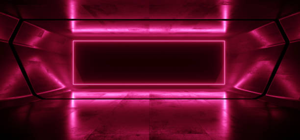 istock Neon Glowing Sci Fi Laser Purple Vibrant Red Dark Rectangle Frame Glossy Concrete Garage Tunnel Hallway Corridor Background Virtual 3D Rendering 1159344726