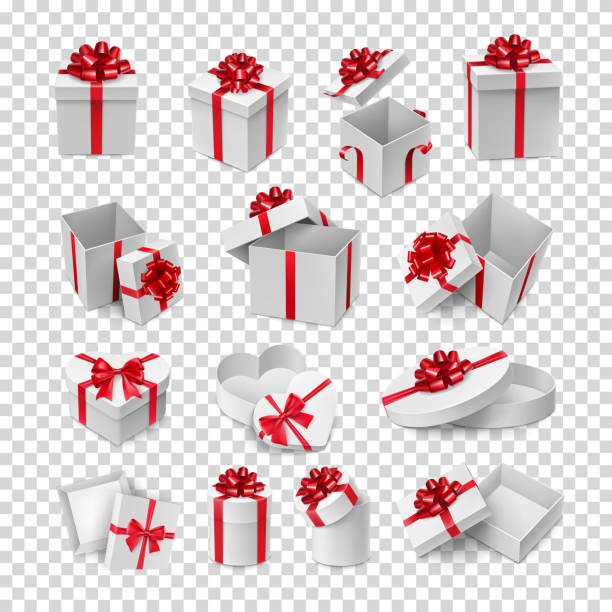 illustrazioni stock, clip art, cartoni animati e icone di tendenza di diverse scatole di cartone con fiocchi a nastro rosso - christmas backgrounds gift bow