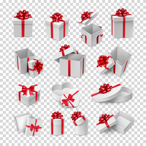 ilustrações, clipart, desenhos animados e ícones de caixas de cartão diferentes com curvas vermelhas da fita - wrapping paper package packaging backgrounds