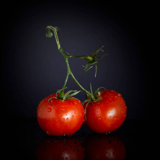 istock Red garden tomatoes isolated on a black background 1159345905
