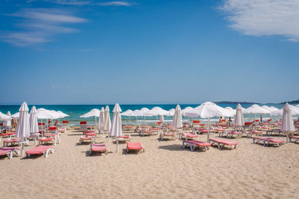 istock Summer beach with deck chairs and umbrellas. 1159346205