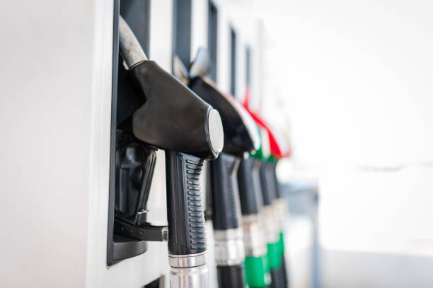 Fuel pumps close up at a Petrol station stock photo