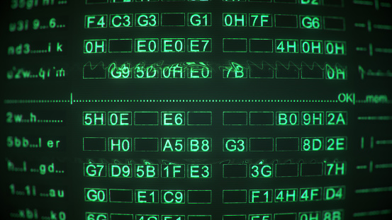 Green digital code on screen of vintage CRT monitor. Abstract information technology concept. Computer generated image