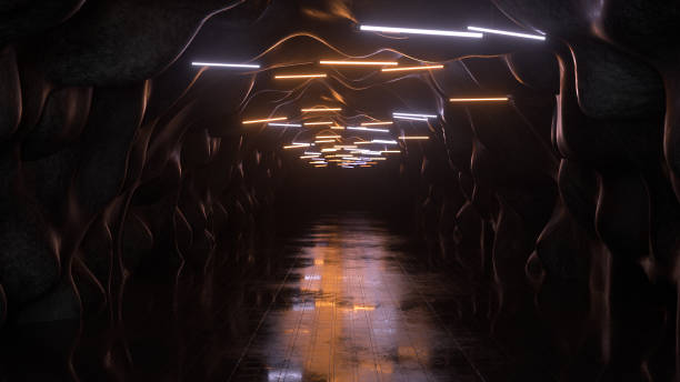 istock Deserted tunnel with fluorescent lamps 3D render illustration 1159346322