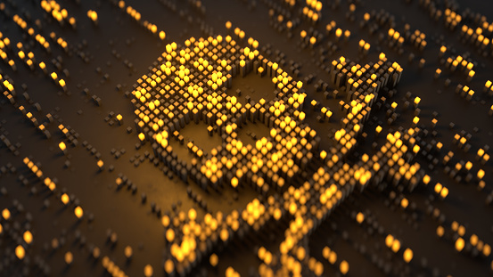 Skull and crossbones made from yellow cubes. Malicious computer code or hacking concept. 3D rendering with DOF