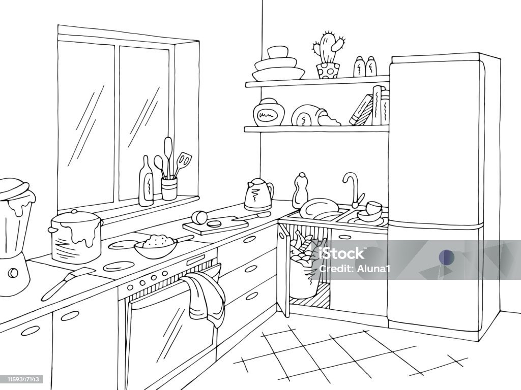 Kitchen Mess Room Graphic Black White Home Interior Sketch Illustration  Vector Stock Illustration - Download Image Now - iStock