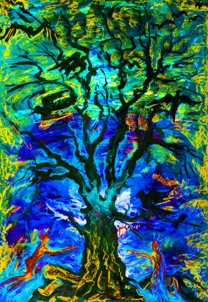 istock Fashionable illustration impressionism modern work of art my original drawing with pastel and gouache allegory symbolic composition couple in love tending to each other during parting a green tree as a symbol of life development and prosperity the sun shi 1159347412