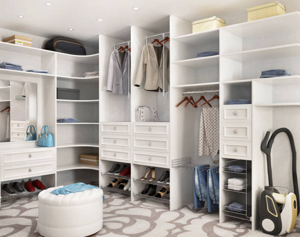 guardaroba moderno bianco in una grande casa - closet clothing indoors domestic room foto e immagini stock
