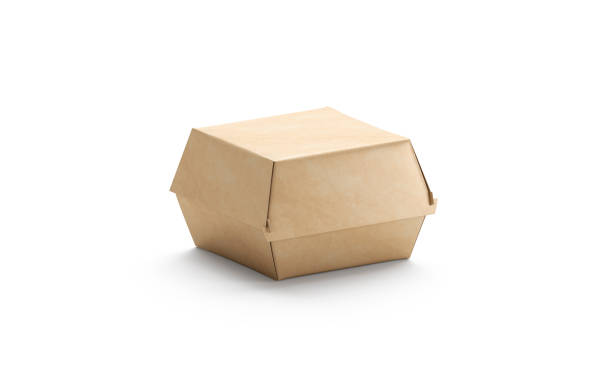 blank craft burger box mockup, isolated, side view - burger hamburger food fast food imagens e fotografias de stock