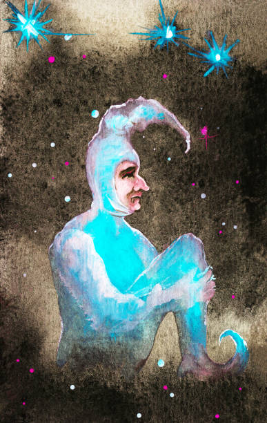 istock Fashionable illustration allegory modern artwork impressionism people my original painting with watercolors on paper impressionism vertical portrait profile romantic stage character Harlequin man in theatrical bright blue costume  and blue headdress with 1159348685