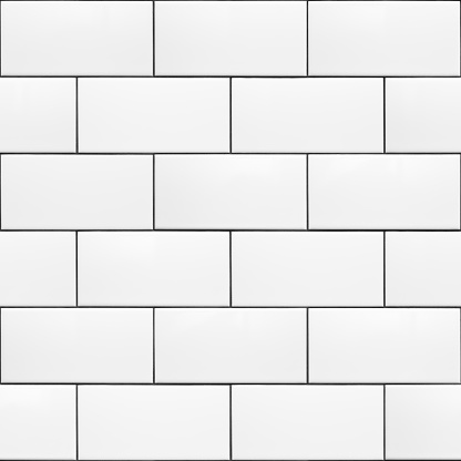 High resolution texture of white ceramic subway tiles laid in a running bond pattern with dark grout. This is a seamless pattern that can be tiled both horizontally and vertically. Useful for material libraries in 3D visualisation programs.