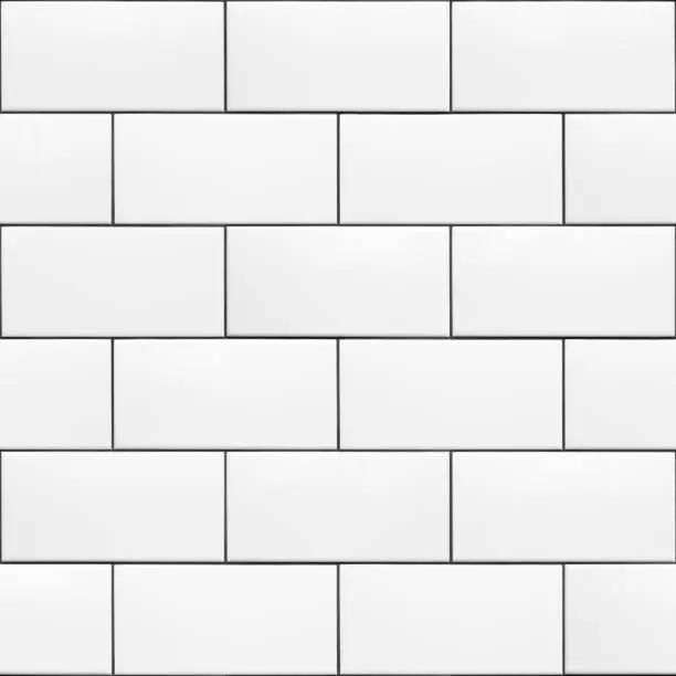High resolution texture of white ceramic subway tiles laid in a running bond pattern with dark grout. This is a seamless pattern that can be tiled both horizontally and vertically. Useful for material libraries in 3D visualisation programs.