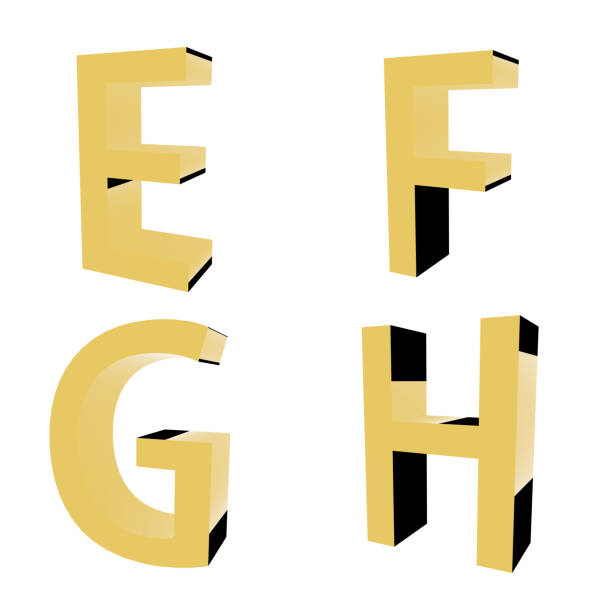 알파벳은 골드 글꼴의 e-h 3d 렌더링을 격리. - letter h alphabet metal three dimensional shape 뉴스 사진 이미지