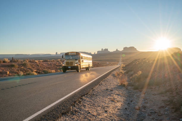istock School bus on highway at sunset in nature 1159357542