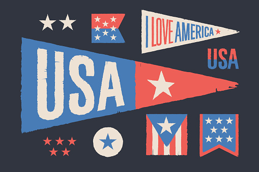 Set symbols USA. Vintage retro graphic flag, pennant, star, sign, symbols of USA. Oold school design for Independence Day, July 4th in United States of America. Vector Illustration