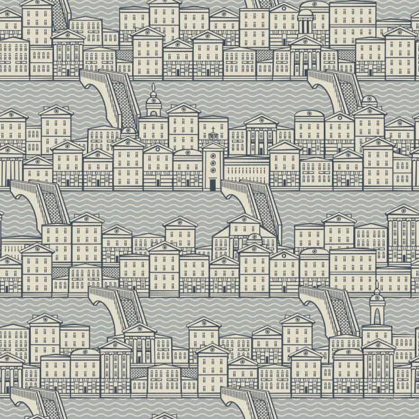 Vector illustration of Seamless pattern with old hand drawn houses