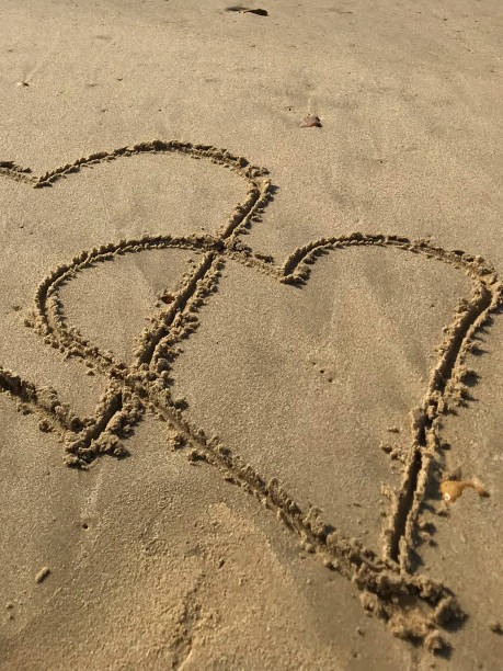 istock Image of writing drawn on sunny beach with Two love hearts overlapping / intersecting drawn in sand with stick, by sea waves, concept social media photo of drawing in soft golden sand on Bournemouth beach, Dorset, England seaside coastline view 1159359380