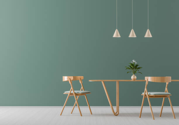 istock Spacious modern dining room with wooden chairs and table.  Minimalist dining room design. 3D illustration. 1159360634