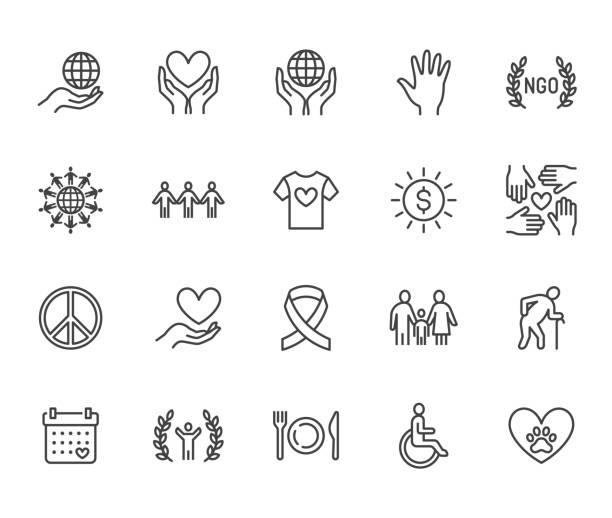 illustrations, cliparts, dessins animés et icônes de ensemble d'icônes de ligne plate de charité. don, organisation à but non lucratif, ong, donnant des illustrations vectorielles d'aide. décrivez les signes pour donner de l'argent, communauté de bénévoles. pixel parfait 64x64. coups modifiables - picto don