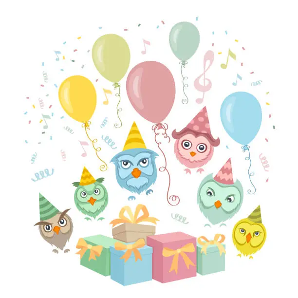 Vector illustration of Birthday card with cute owls